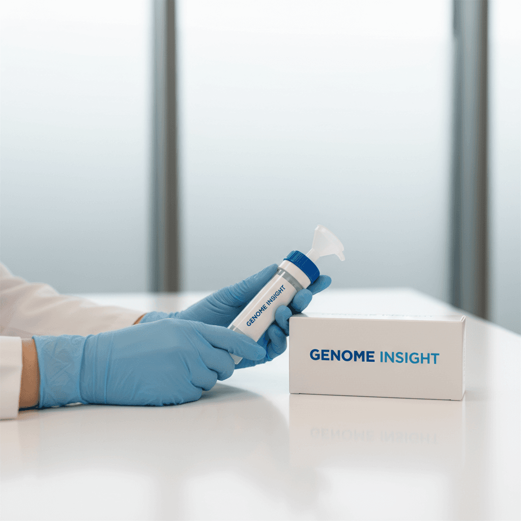 Healthcare professional holding DNA test kit with sample vial on clinical laboratory desk with natural light