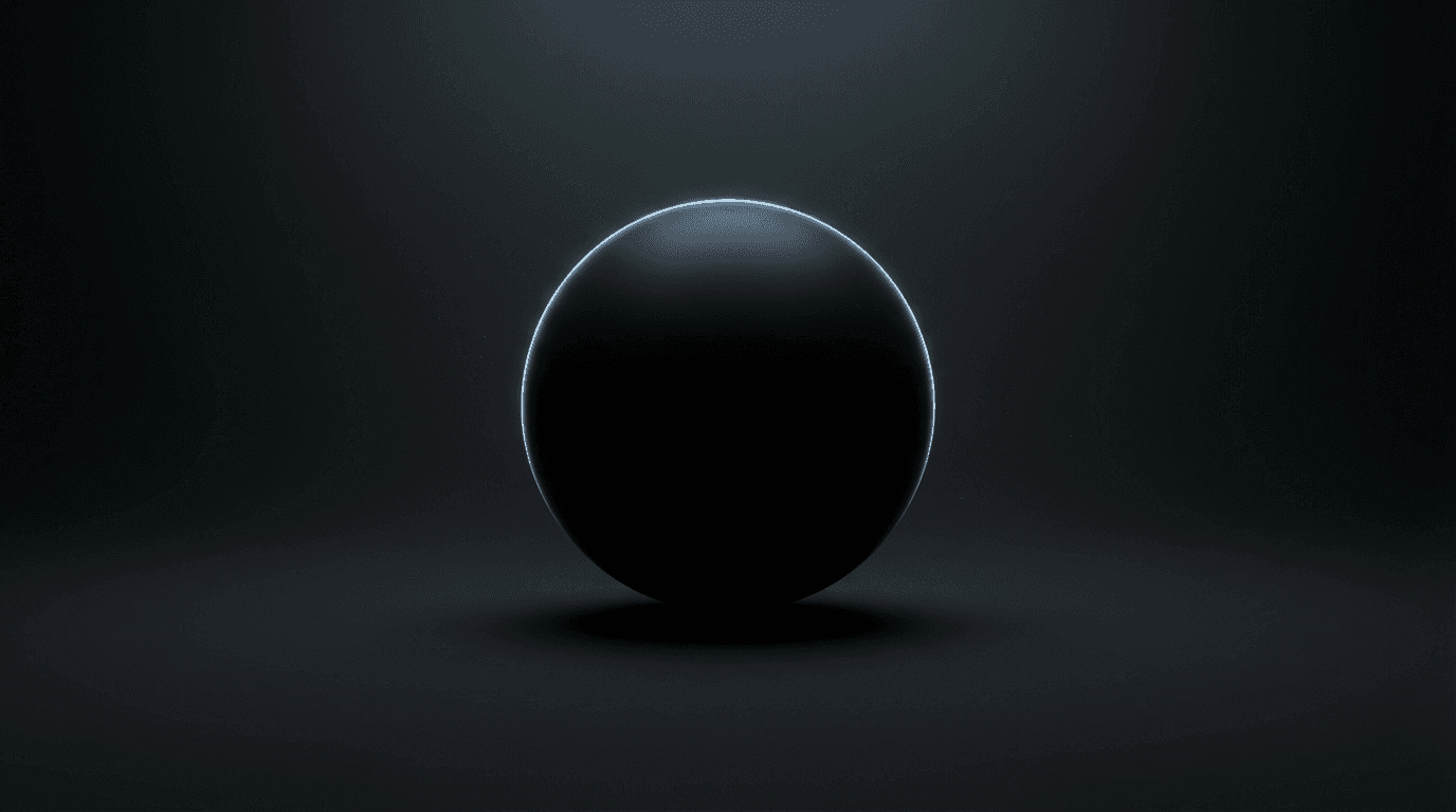 Minimalist black sphere with geometric rim lighting on dark background, slowly rotating.